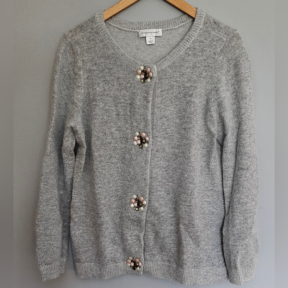 Cottagecore Cardigan Size M Gray Fuzzy Bejeweled Cotton Rabbit Lambswool Fairy